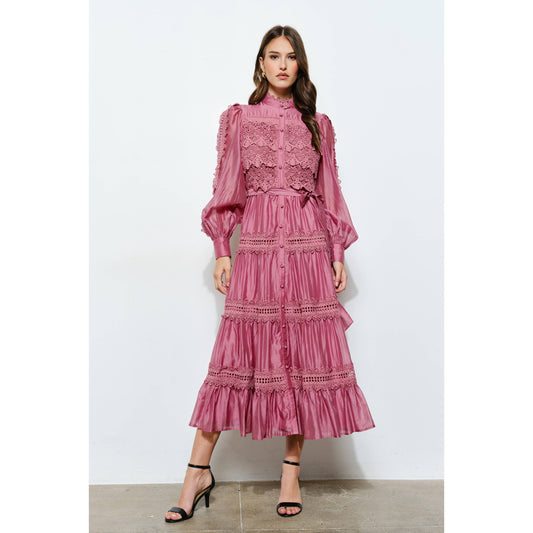 Crochet-Style Lace Panel Satin Midi Dress