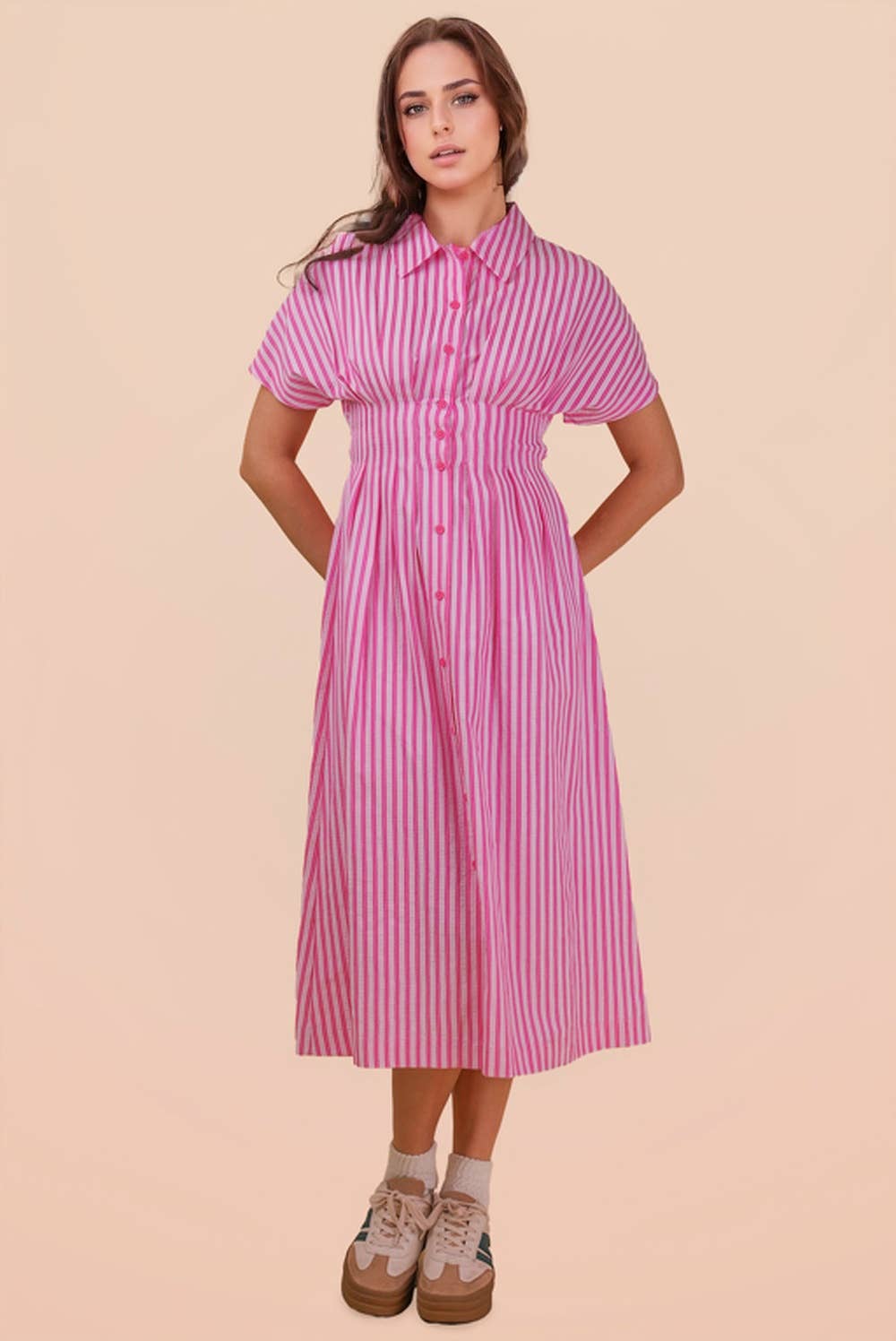 Stripe Waist Pleated Midi Shirt Dres