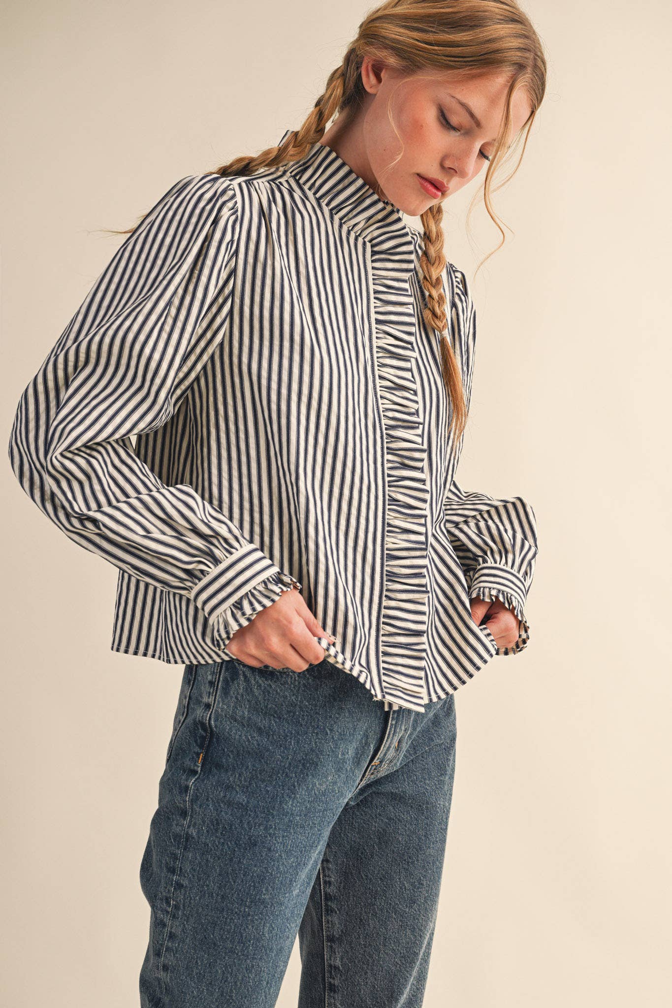 STRIPED RUFFLED BUTTON DOWN LONG SLEEVE TOP MTP4319
