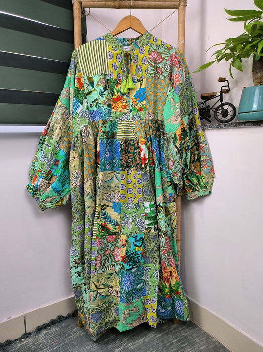 GREEN SHADES - Hand Patchwork Cotton Dress OneSize