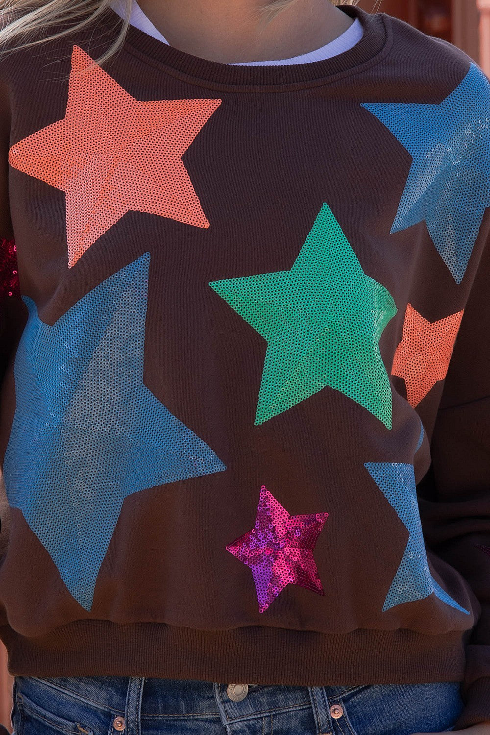 MULTI COLOR STAR PATCH ROUND NECK SWEATSHIRT