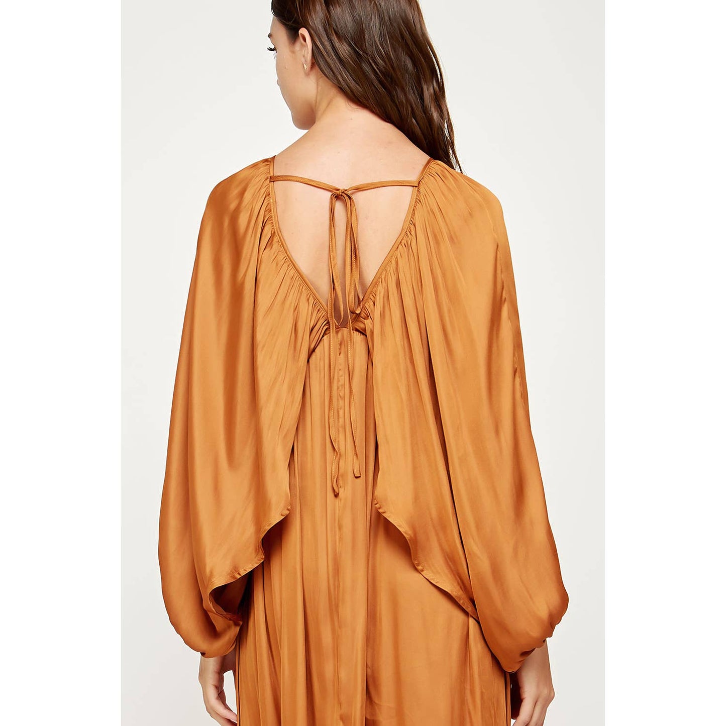Shirred Satin Balloon Sleeve Maxi Dress