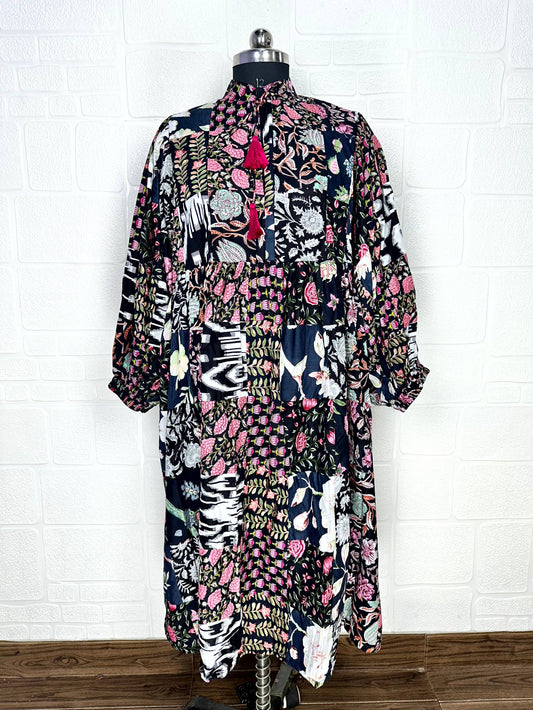 BLACK SHADES - Hand Patchwork Cotton Dress OneSize