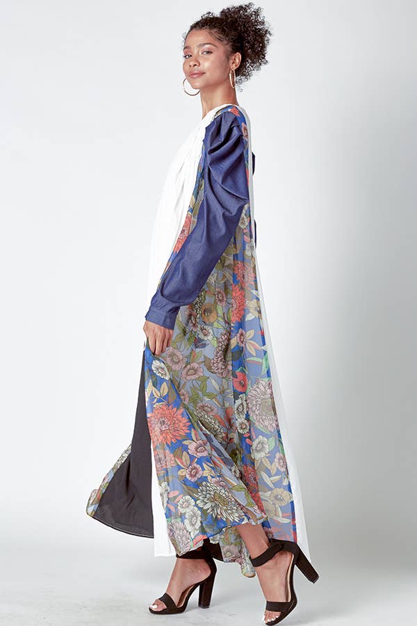 MIXED MATERIAL DRESS WITH PUFFED DENIM SLEEVES