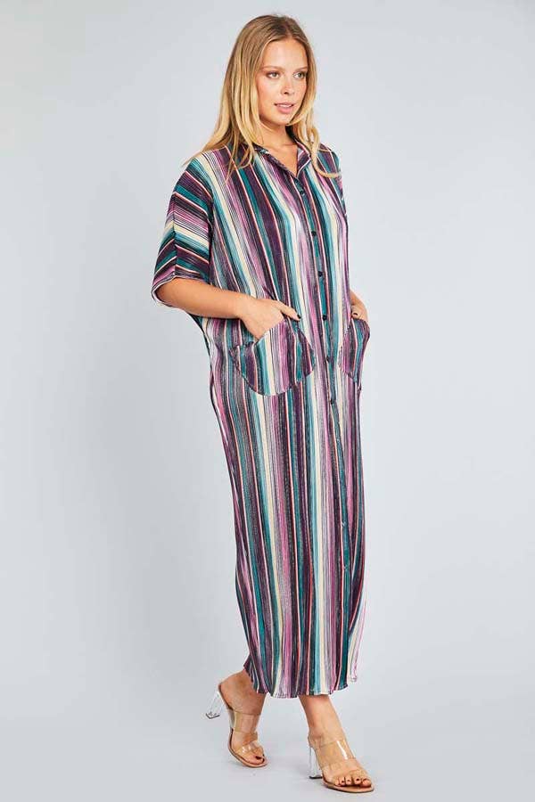 PLEATED METALLIC SOFT DRESS WITH POCKETS