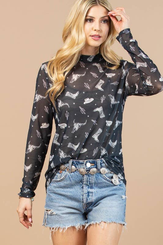 AV1230-CINDY WESTERN PRINT SEMI SHEER MESH TOP
