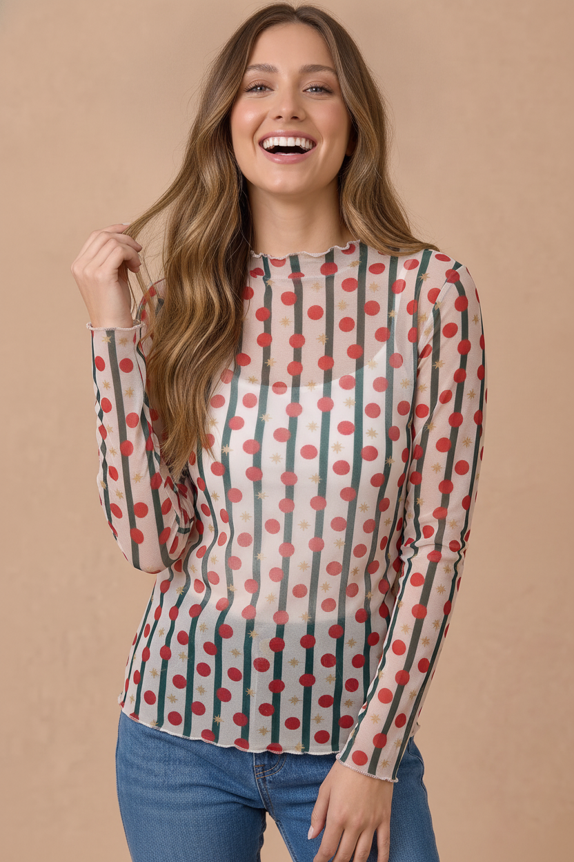 Christmas Star, Dot and Stripe Mesh Top
