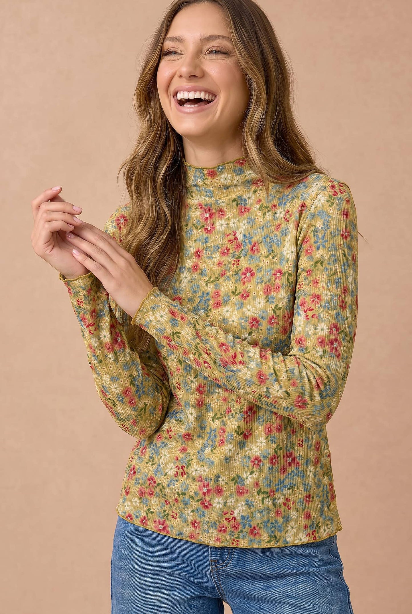 Plus Mock Neck Frilled Floral Print Rib Knit Top