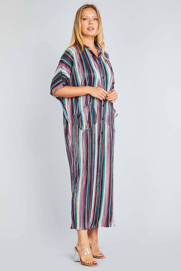 PLEATED METALLIC SOFT DRESS WITH POCKETS
