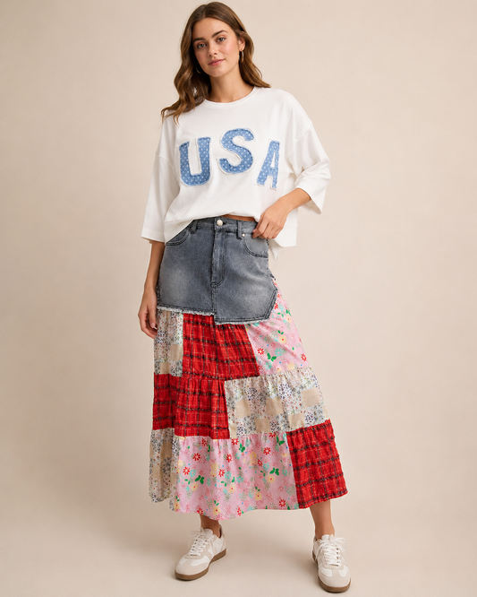 Red white bloom patchwork skirt