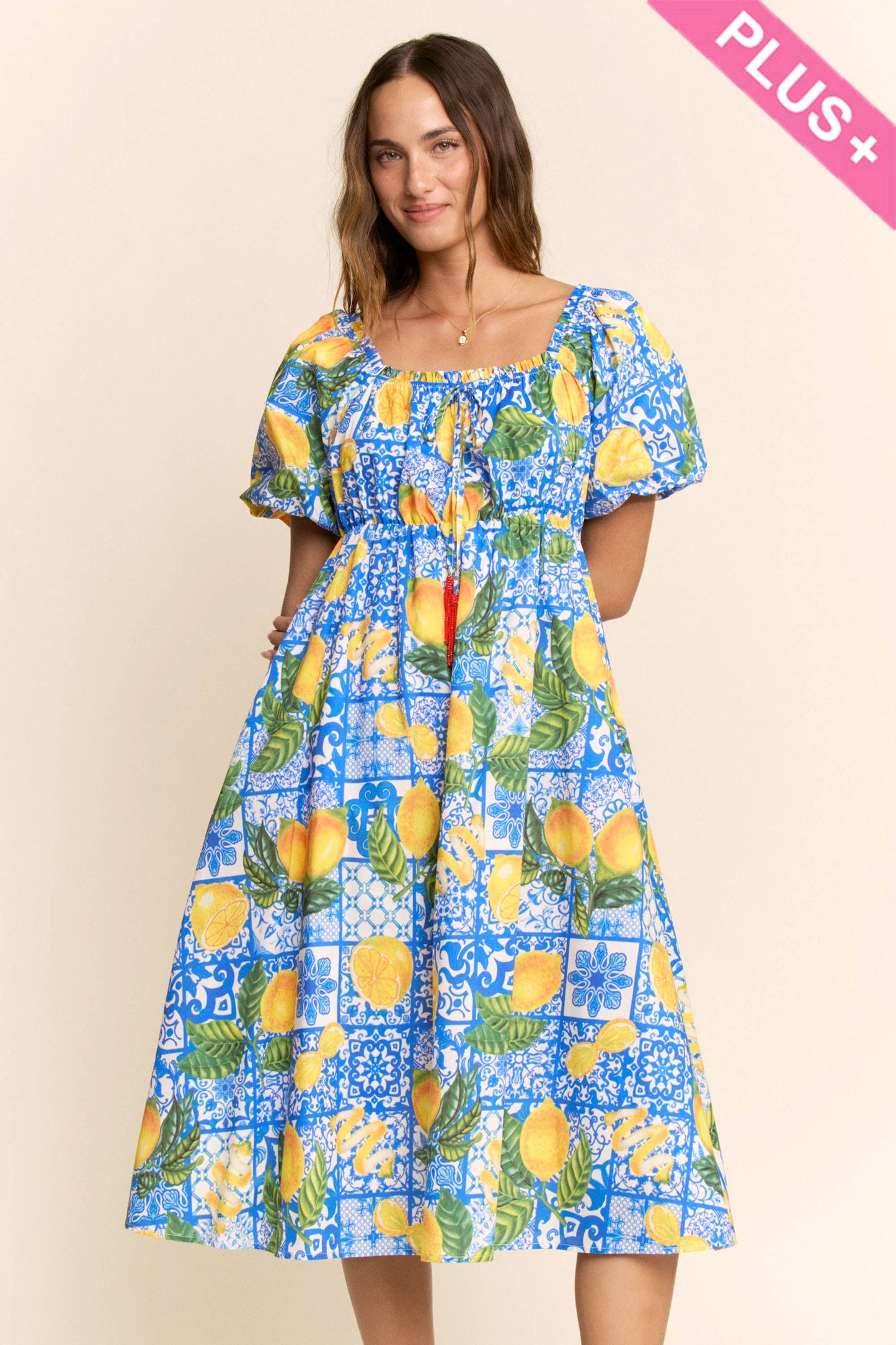 PLUS LEMON AZULEJO PUFFED SLEEVE SMOCK MIDI DRESS