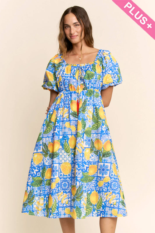 PLUS LEMON AZULEJO PUFFED SLEEVE SMOCK MIDI DRESS