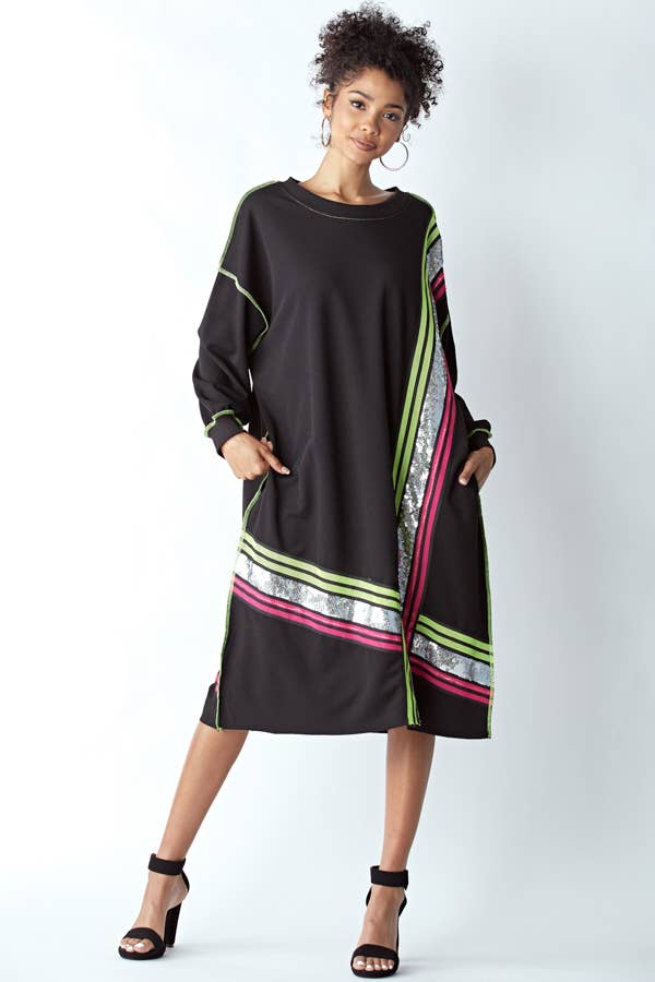 OVERFITTING DRESS WITH SEQUIN AND MESH DETAIL