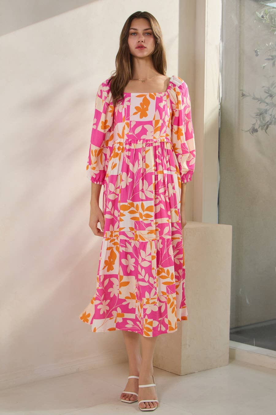 Plus Geo Floral Printed Tired Midi Dress