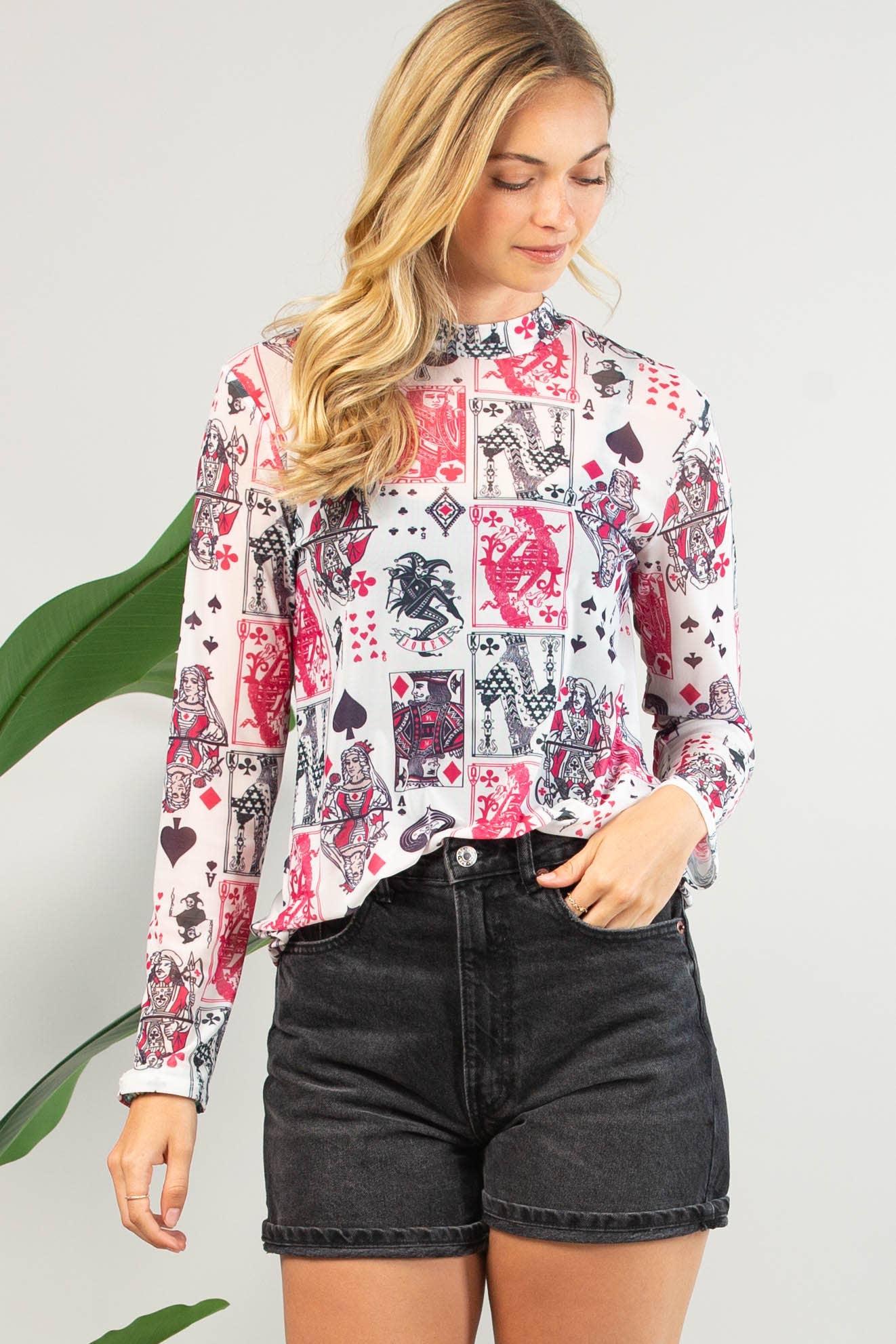 AV1230-ELLEN PLAYING CARDS PRINT SEMI SHEER MESH TOP