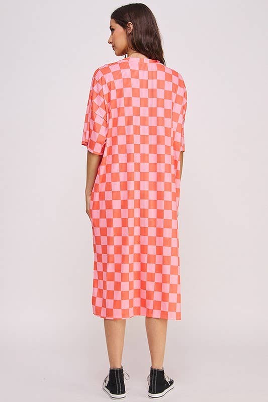 1/2 SLEEVE RIBBED CHECKERBOARD MIDI DRESS