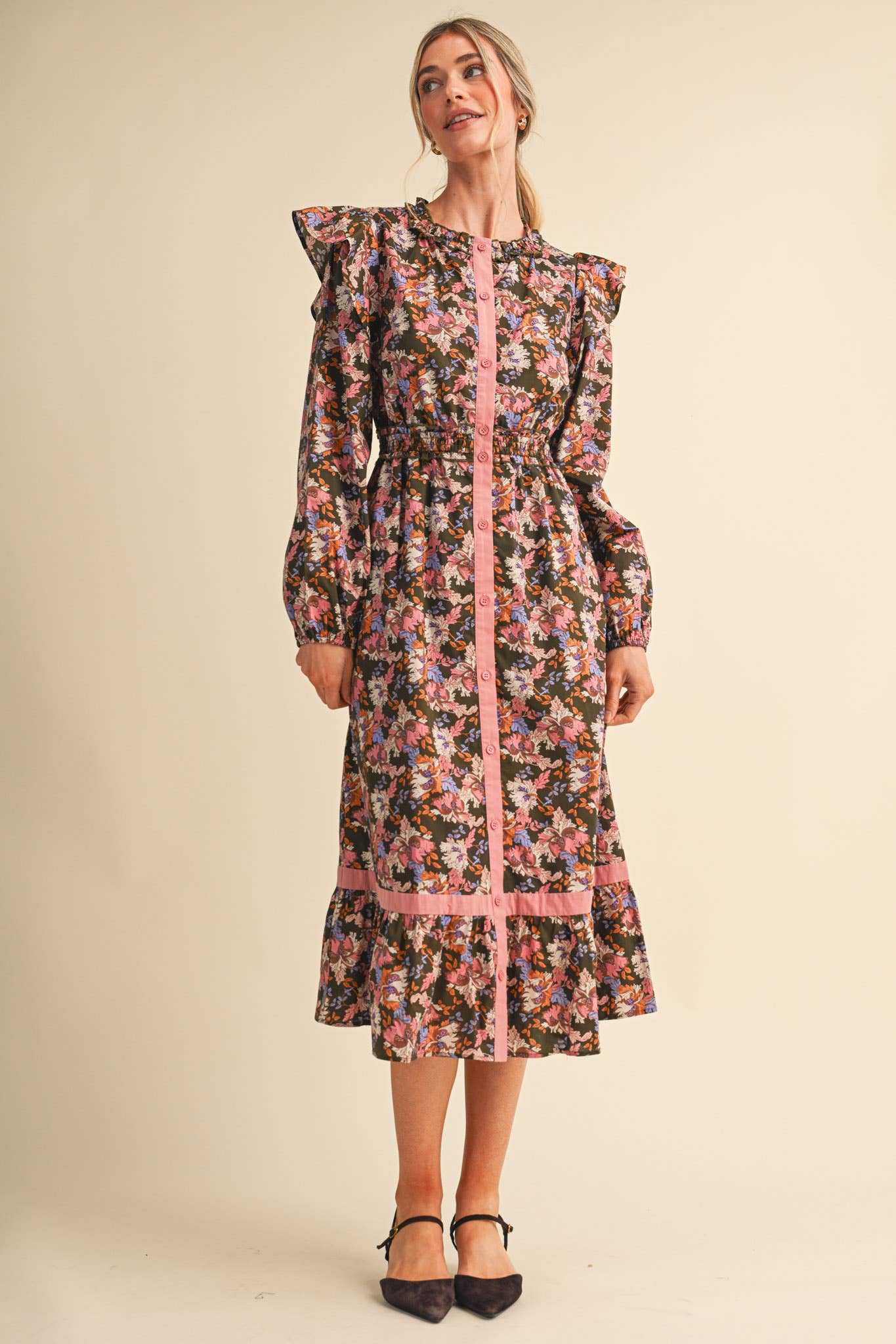 FLORAL BUTTON DOWN CONTRAST BINDING MIDI DRESS MDR5246