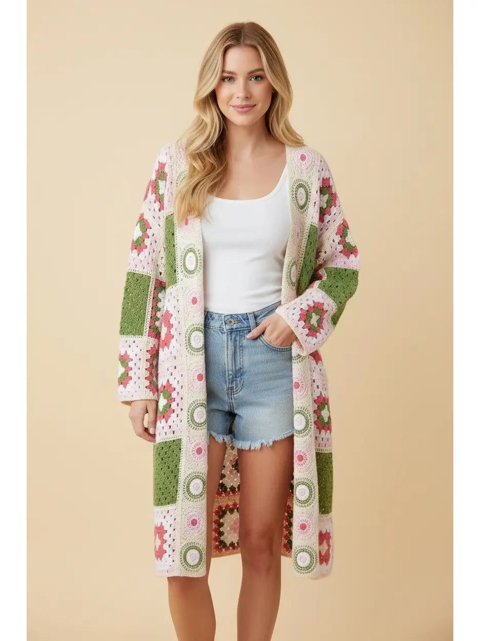 Long Granny Square Crochet Cardigan