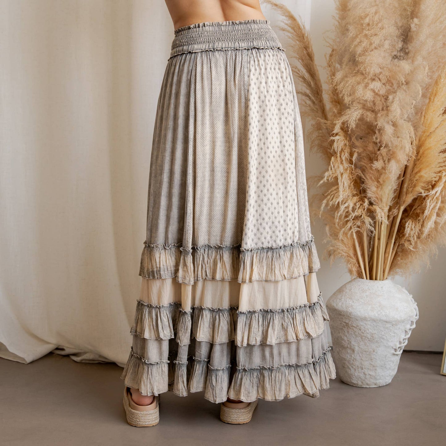 Rustic Smocked Waist Ruffled Tiered Maxi Skirt