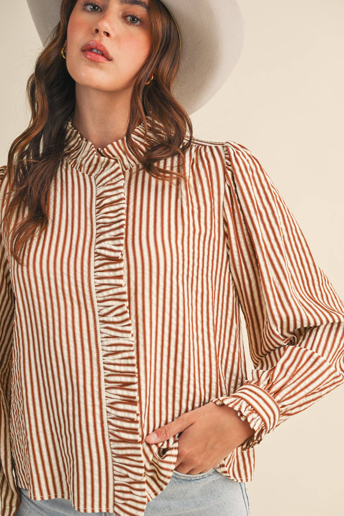 STRIPED RUFFLED BUTTON DOWN LONG SLEEVE TOP MTP4319