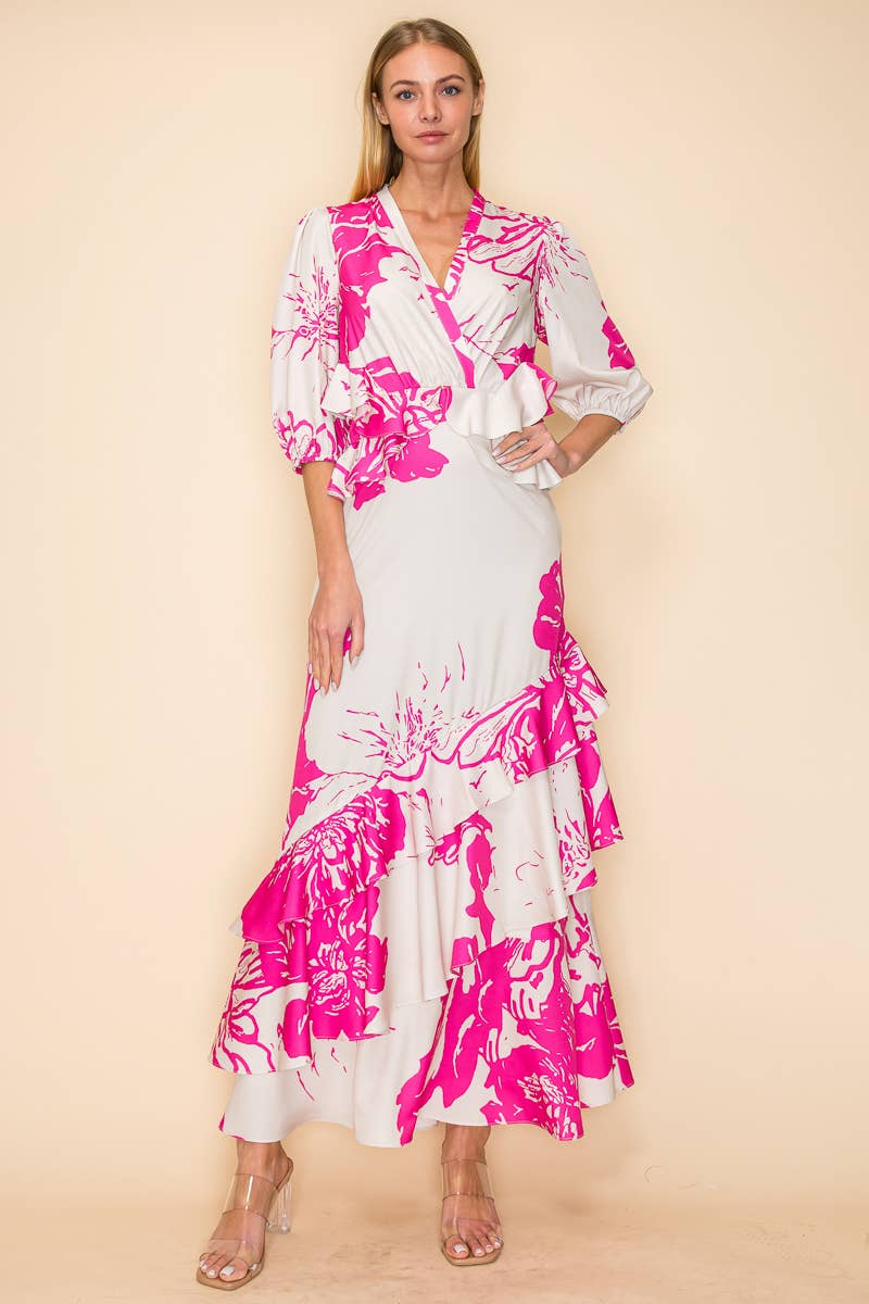 V NECK DRESS WITH RUFFLES AND POCKETS