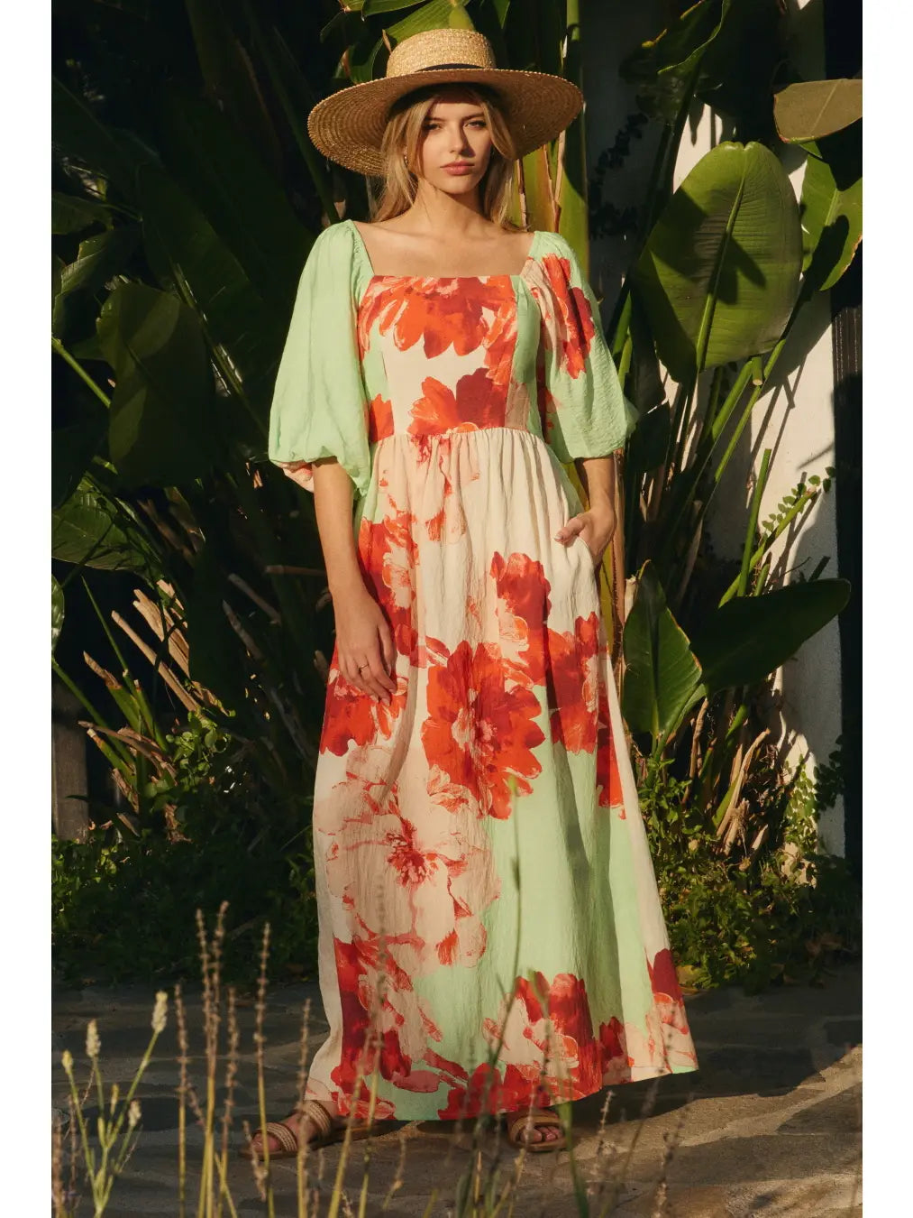 Pistachio Multi-colored Big Floral Printed Maxi Dress