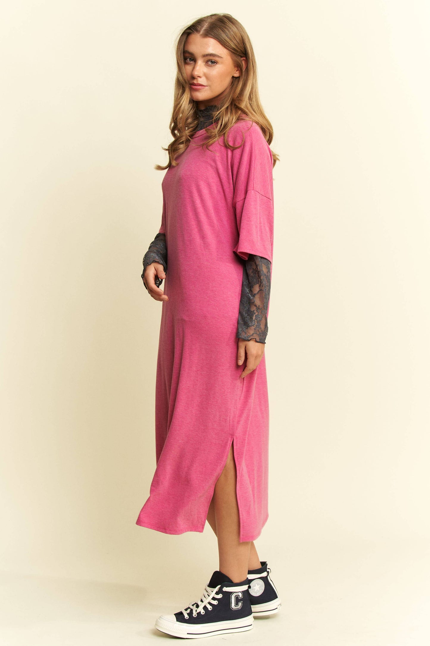 PLUS SIZE SOLID SIDE SLIT MIDI DRESS