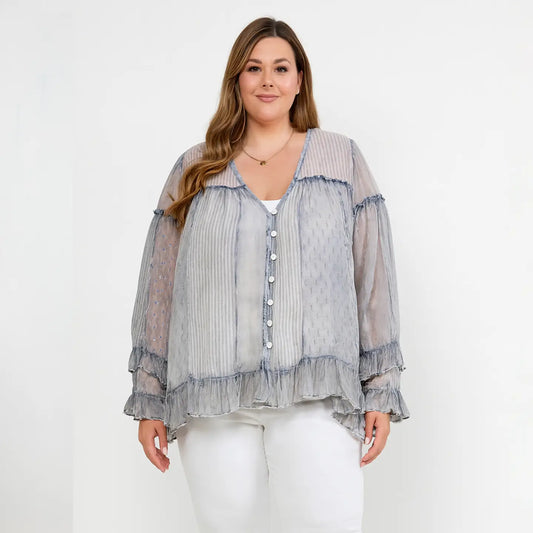 Dreamy Sheer V-Neck Ruffled Button-Front Top