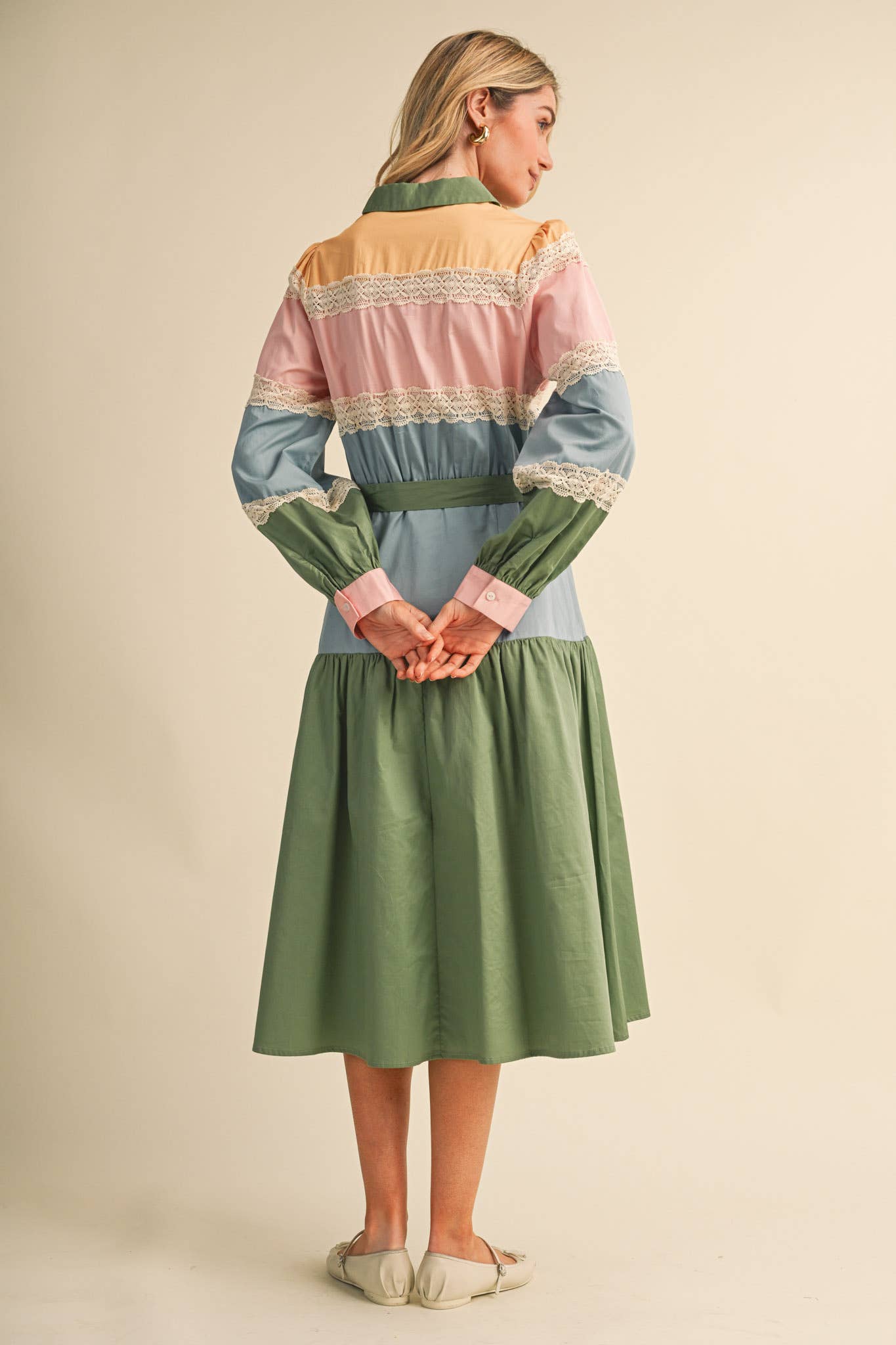 TIERED COLOR BLOCK LACE TRIM BUTTON UP MIDI DRESS MDR5266