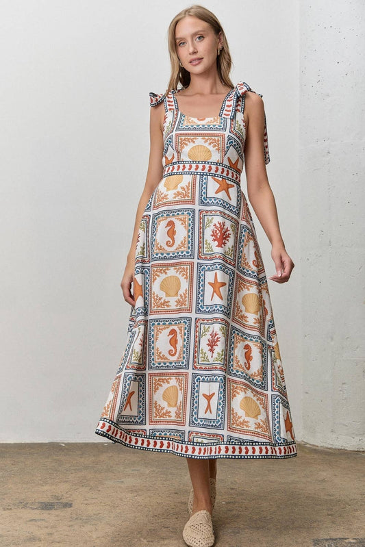 Plus Size Coastal Shell Print Tiered Midi Dress