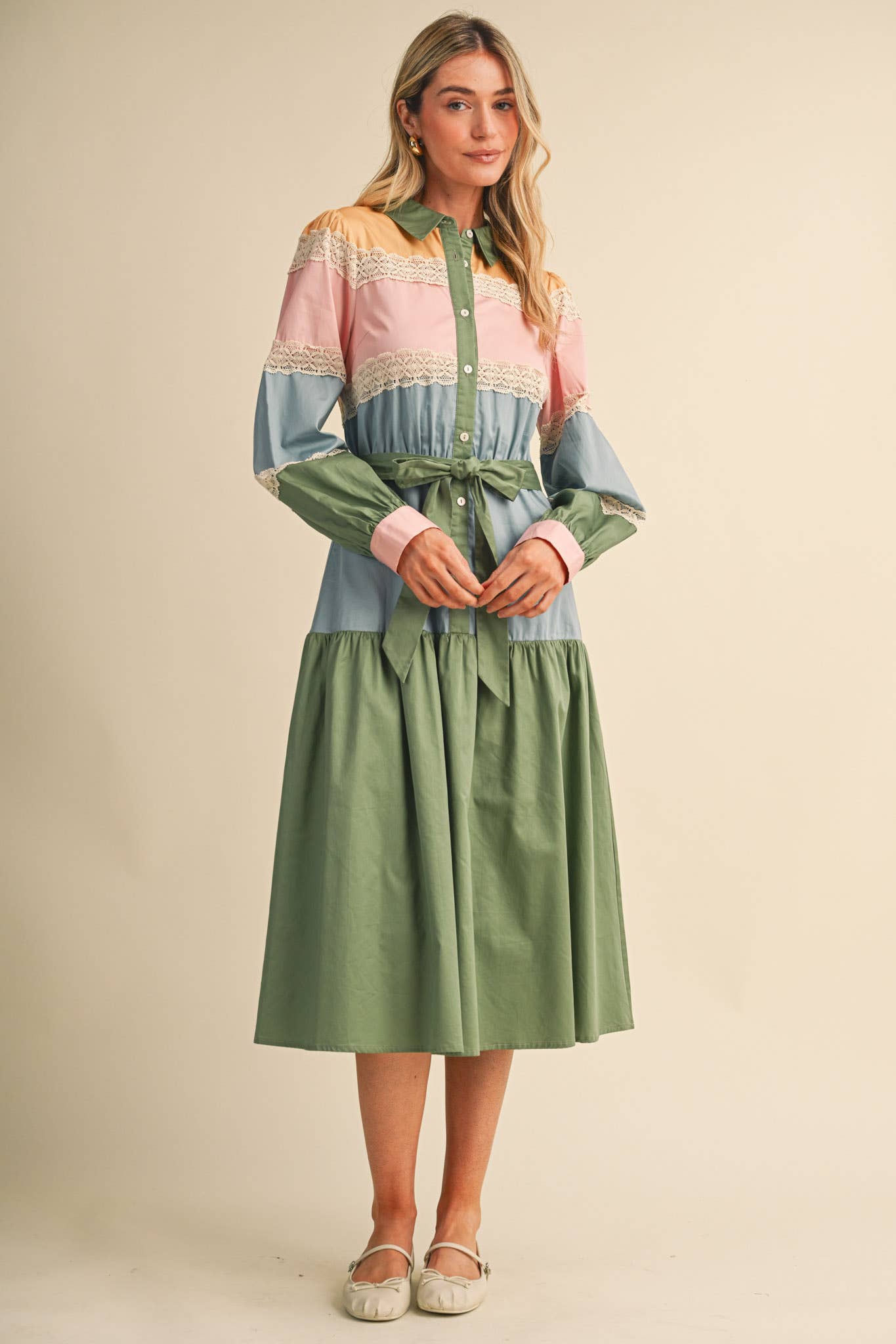 TIERED COLOR BLOCK LACE TRIM BUTTON UP MIDI DRESS MDR5266