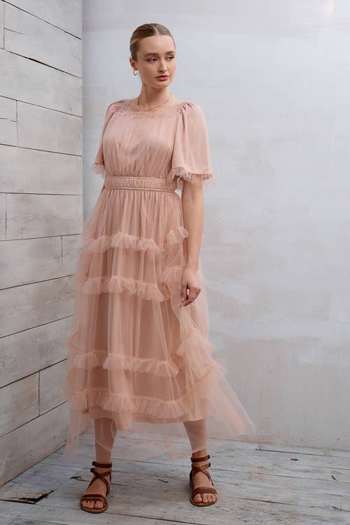 SHORT SLEEVE TULLE TIER MIDI DRESS