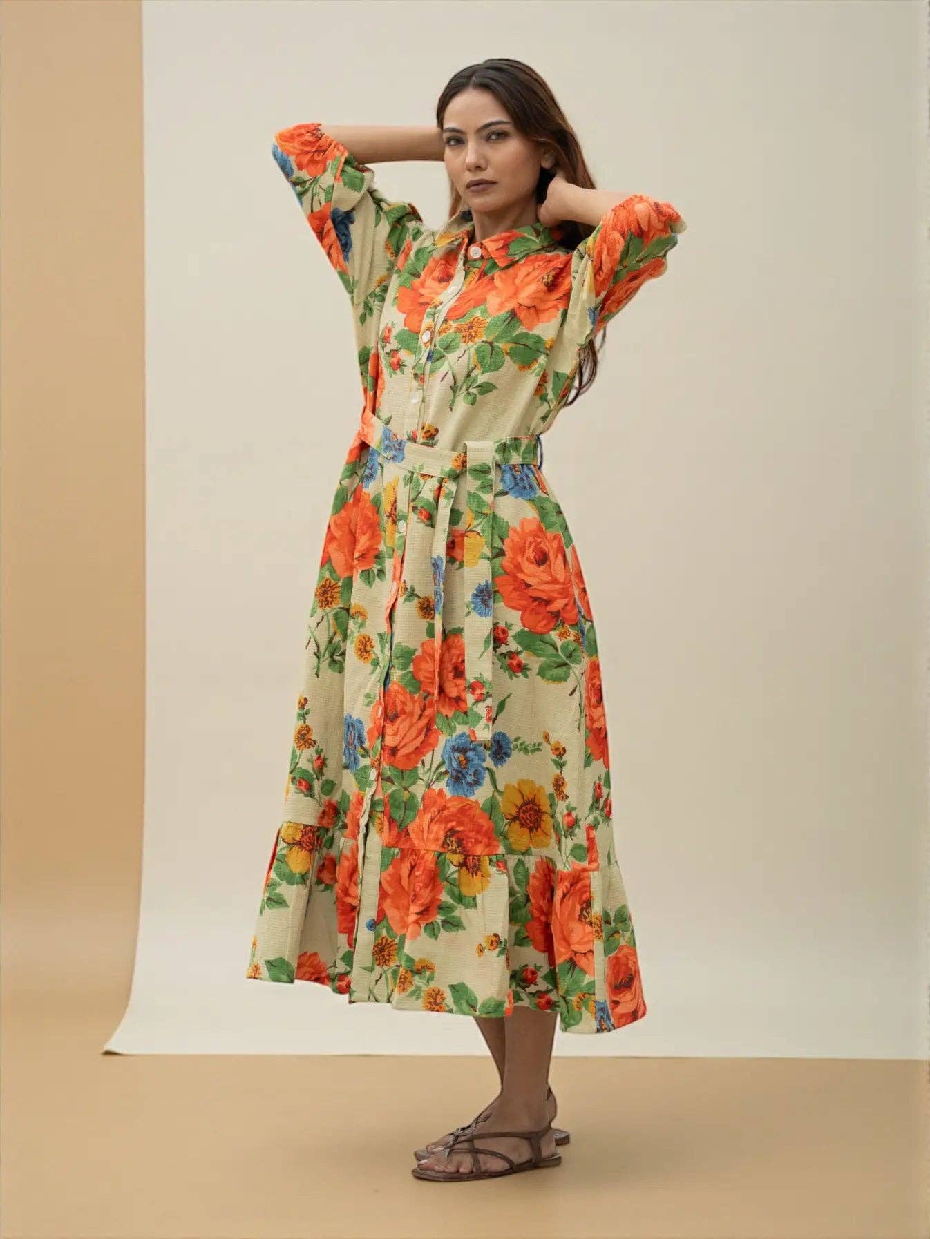 Handblock Printed Floral Boho Midaxi Cotton Waffle Dress Her