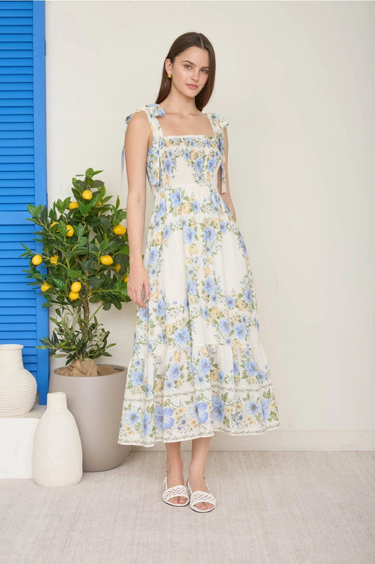 Blue Floral Rose Midi Dress