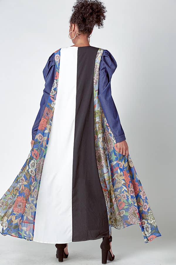 MIXED MATERIAL DRESS WITH PUFFED DENIM SLEEVES