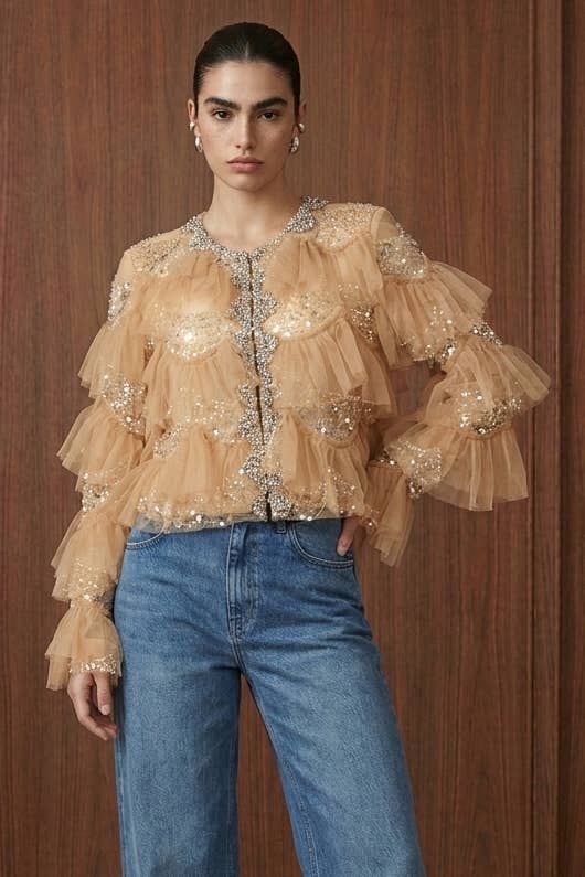 Embellished Tiered Ruffle Mesh Jacket