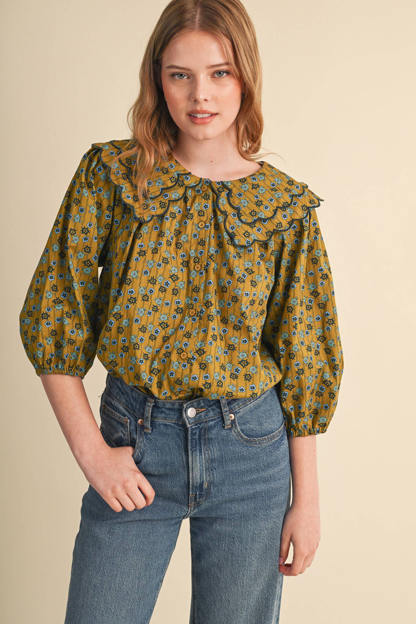 SCALLOPED DOLL COLLAR BUTTON UP FLORAL TOP MTP4964