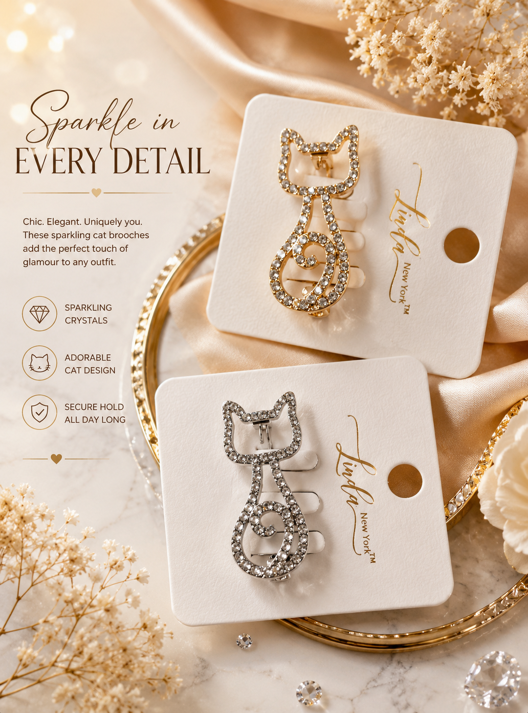 Crystal Whiskers Cat Brooch Collection