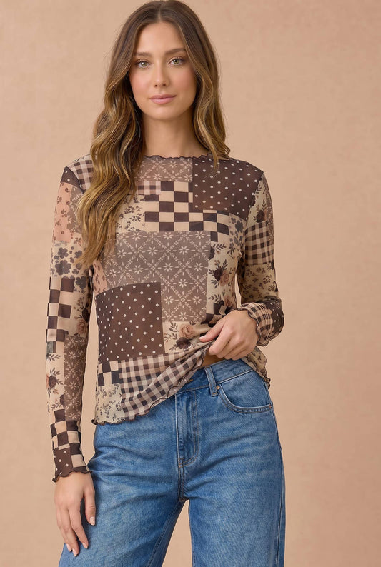 Plus Patchwork Mesh Semi Sheer Top