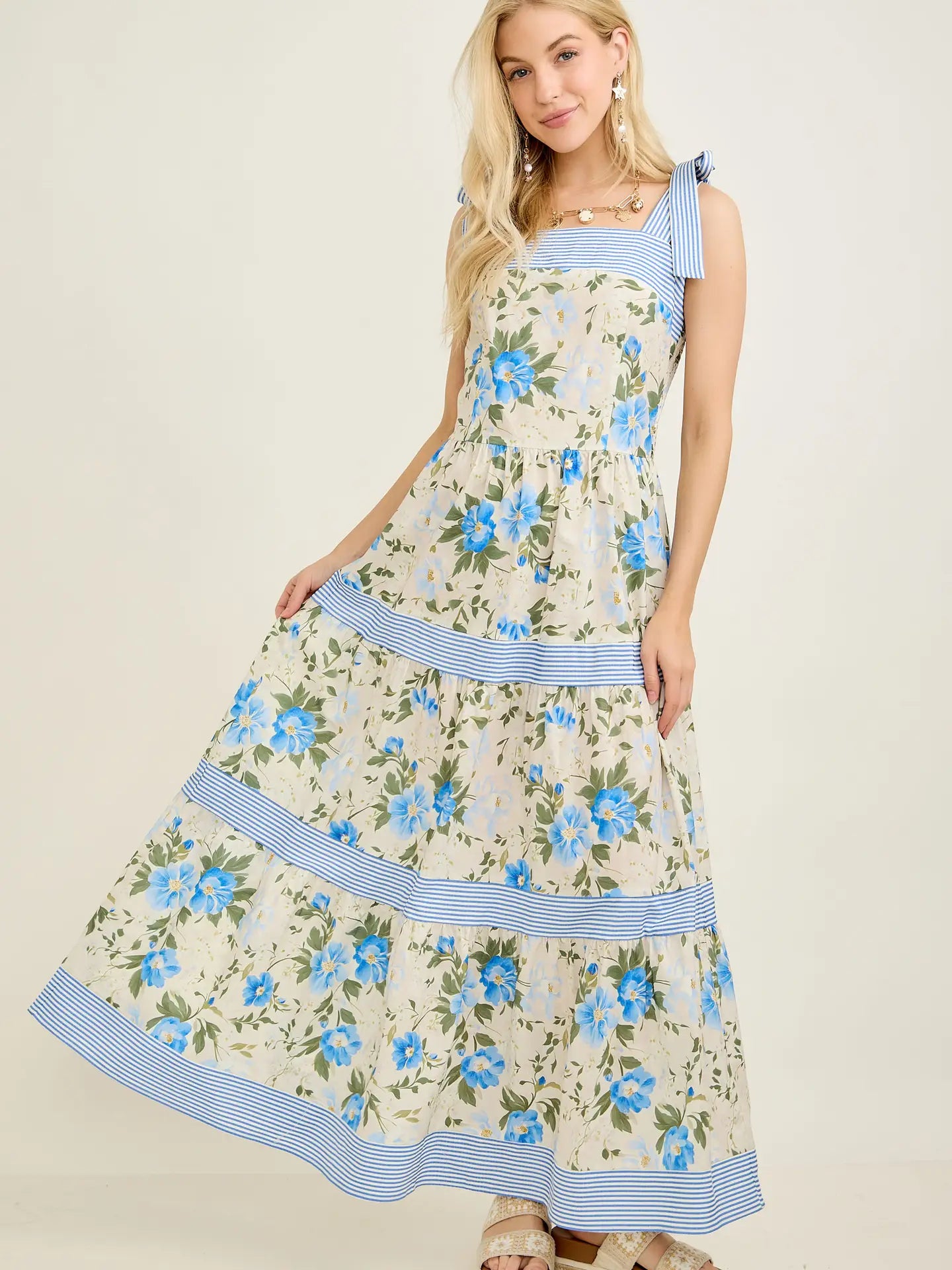Blue Floral Stripe Trim Tiered Maxi Dress