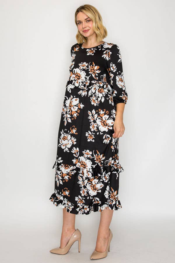PLUS SIZE TIERED RUFFLE MIDI DRESS WITH SIDE POCKETS