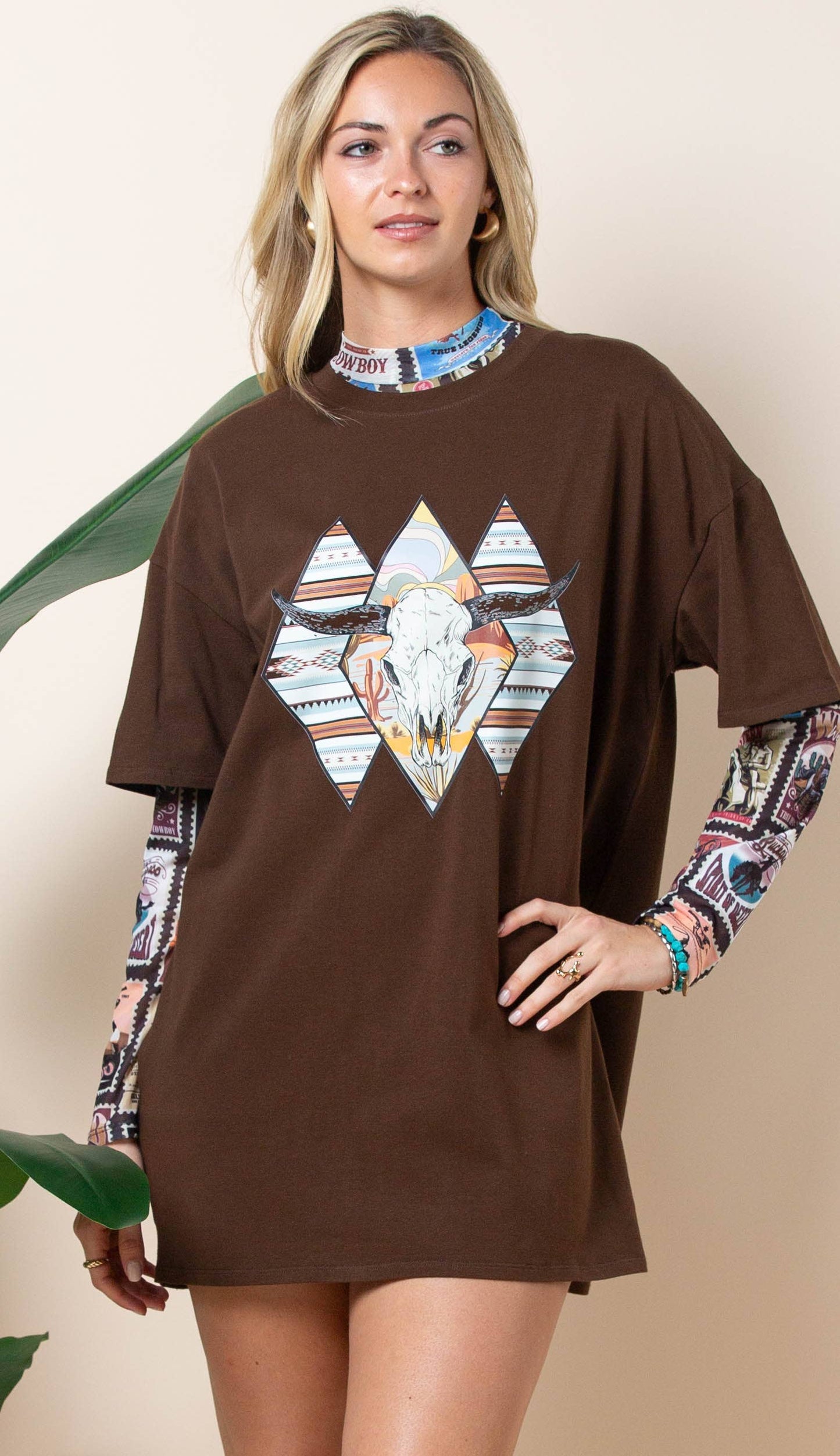 AV1230-EMELIE VINTAGE WESTERN PRINT MESH TOP