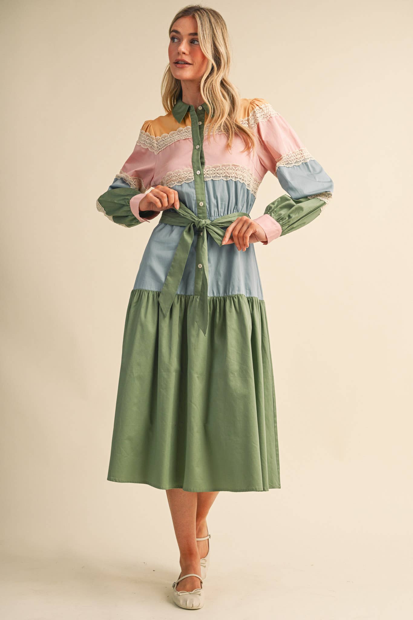 TIERED COLOR BLOCK LACE TRIM BUTTON UP MIDI DRESS MDR5266