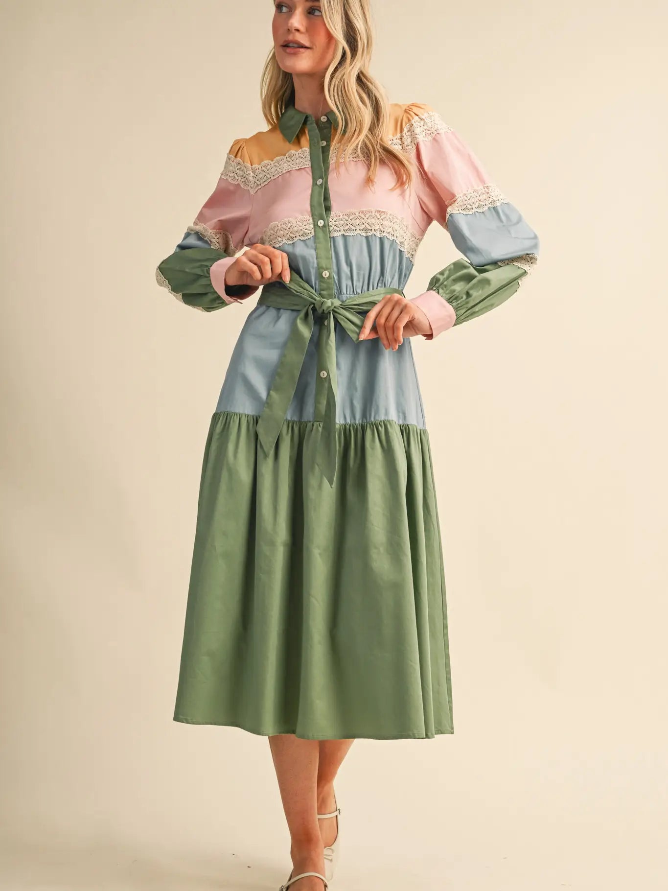 Autumn Harvest Color Block Lace Trim Midi Dress