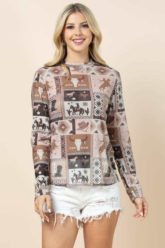 AV1230-AMY-6274 WESTERN PRINT SEMI SHEER MESH TOP