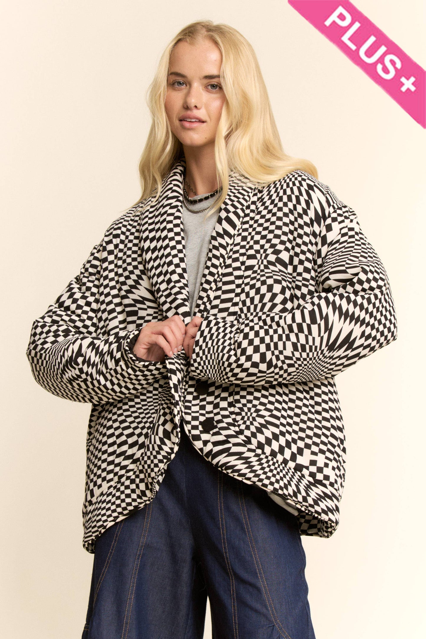 PLUS RETRO PRINT PAD SHAWL COLLAR BUTTON JACKET