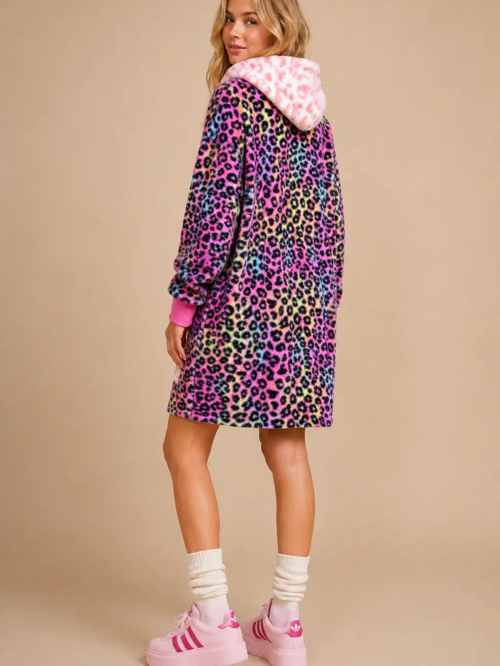Rainbow Leopard Faux Fur Hoodie Blanket Dress