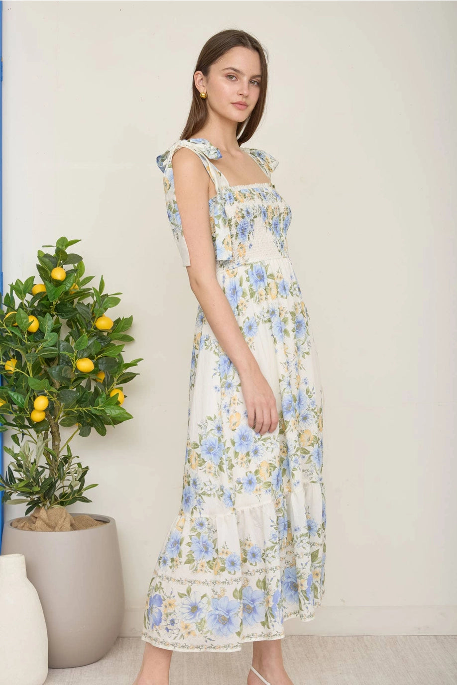 Blue Floral Rose Midi Dress