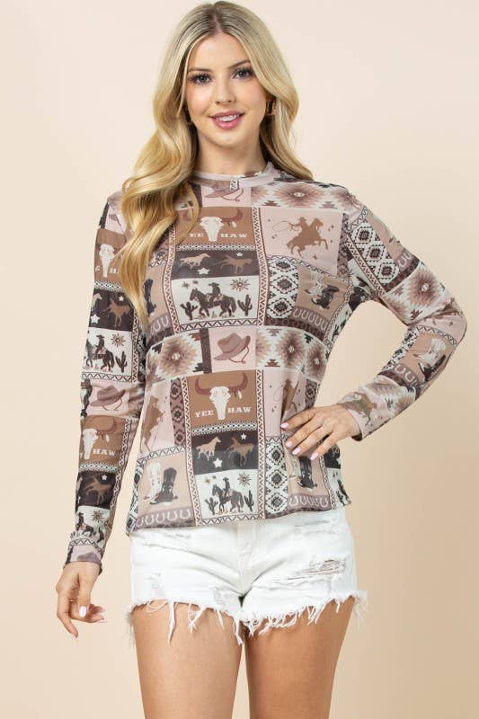 AV1230-AMY-6274 WESTERN PRINT SEMI SHEER MESH TOP
