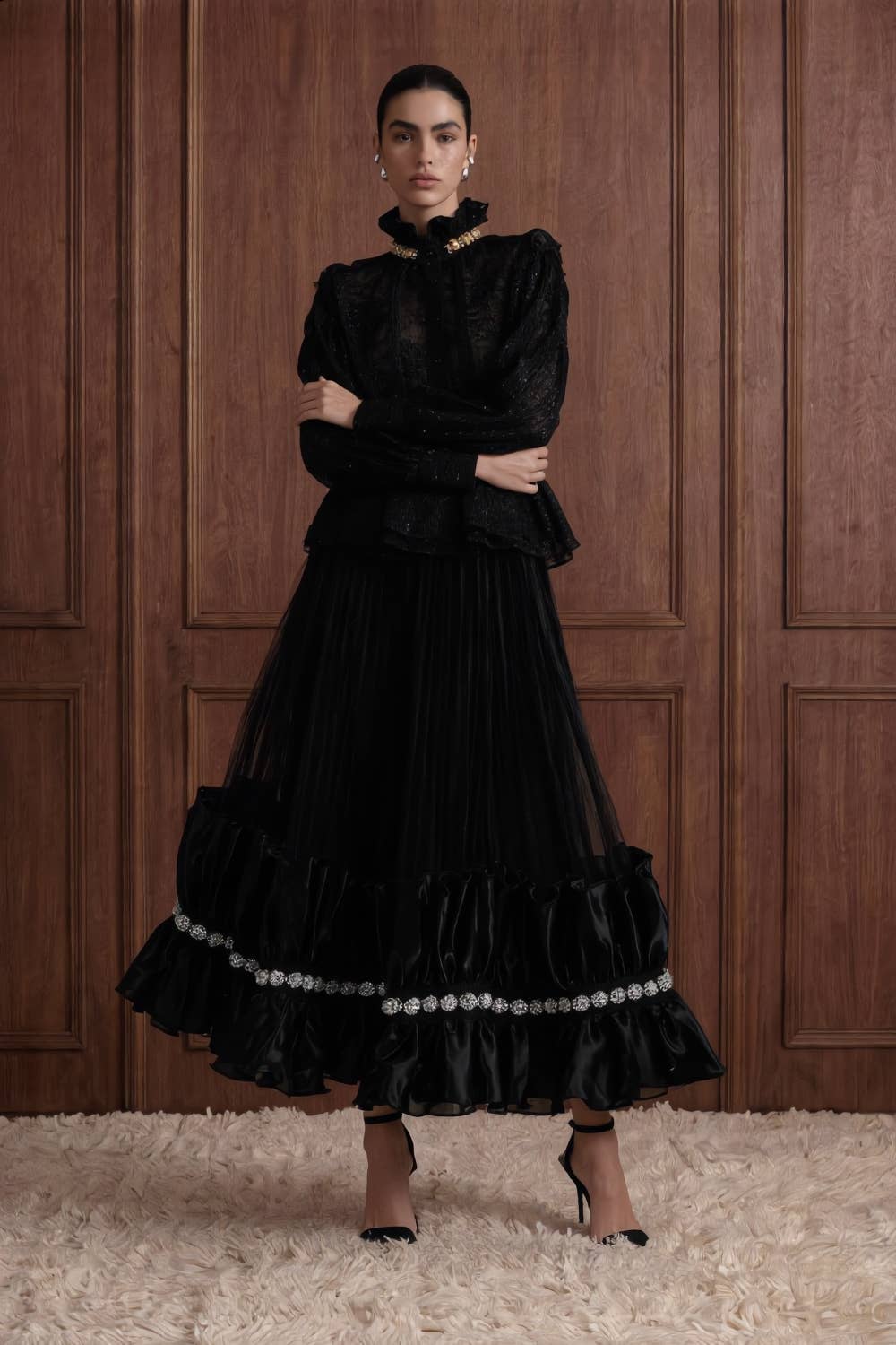 Embellished Ruffle Collar Organza Blouse